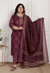 Plus Size Maroon Cotton Printed Kurta Pant Set with Dupatta-200088